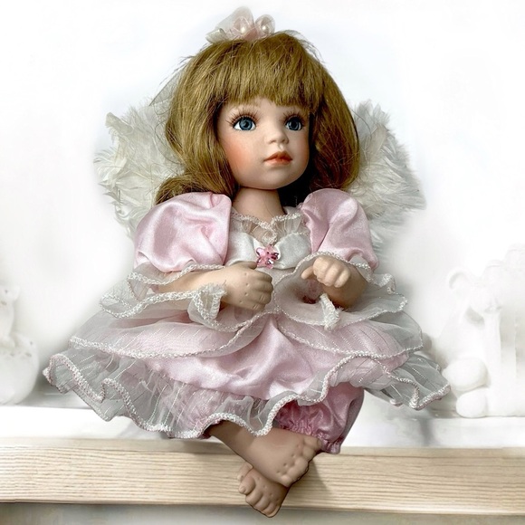Geppeddo Vintage Porcelain Angel Doll Detachable Wings Pink Satin Dress 8” - Picture 16 of 16